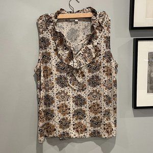 Ann Taylor Loft Ruffle Tie Neck Mixed Media Shell Sleeveless Keyhole Blouse, XL